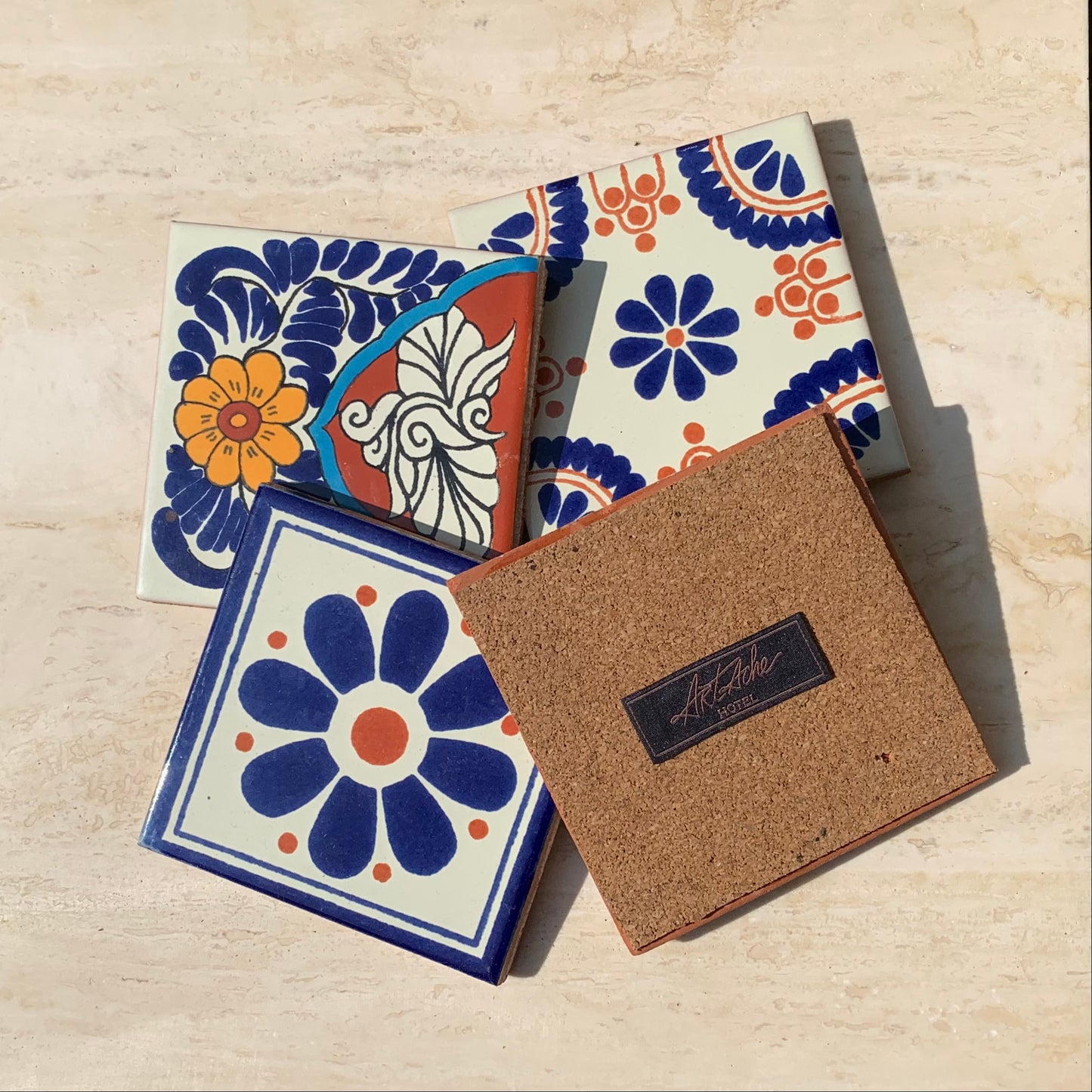 Unique Hand Painted Ceramic Coaster Set - Blue & Orange