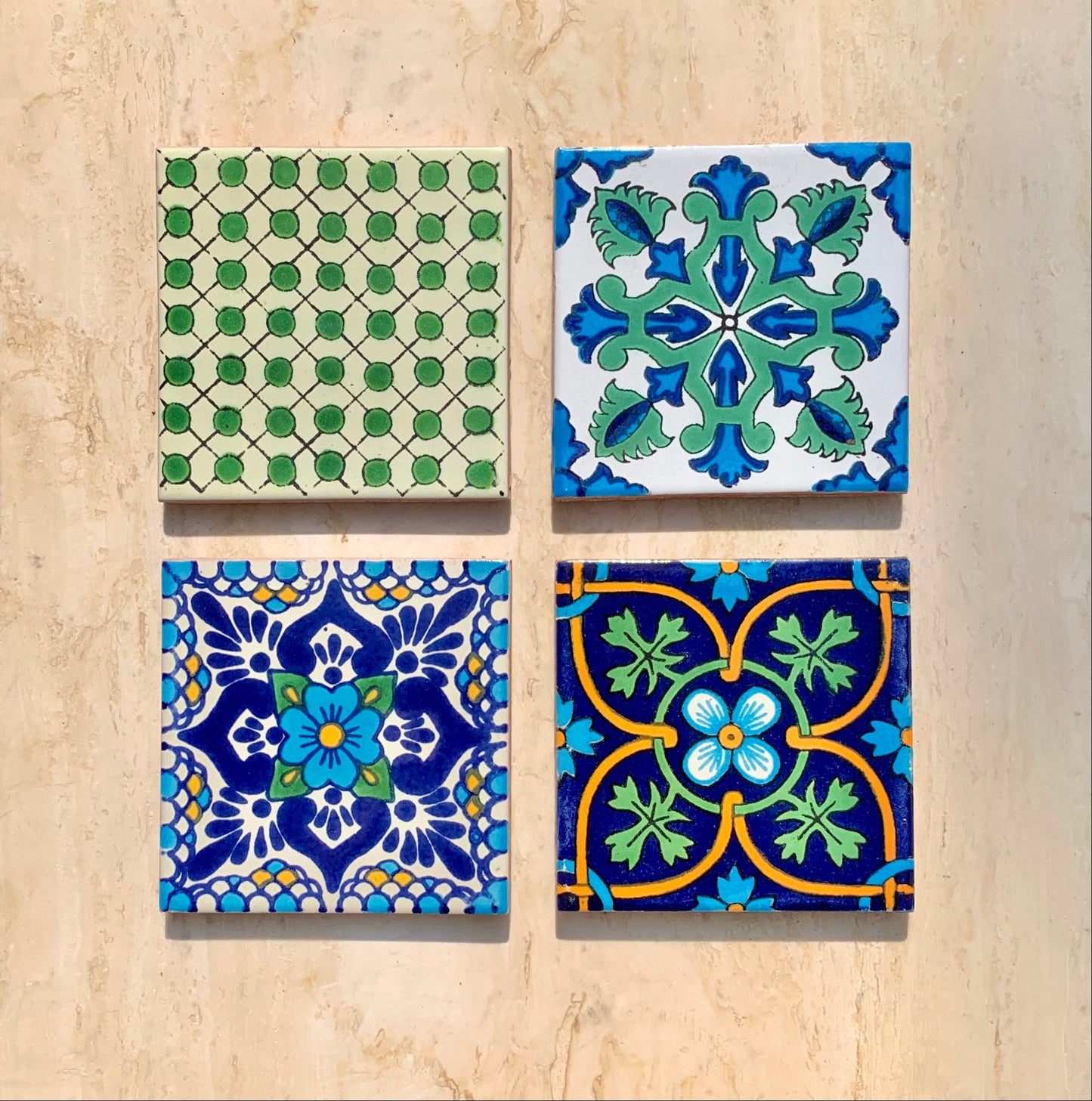 Unique Hand Painted Ceramic Coaster Set - Blue & Green