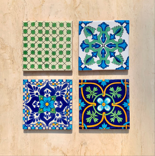 Unique Hand Painted Ceramic Coaster Set - Blue & Green