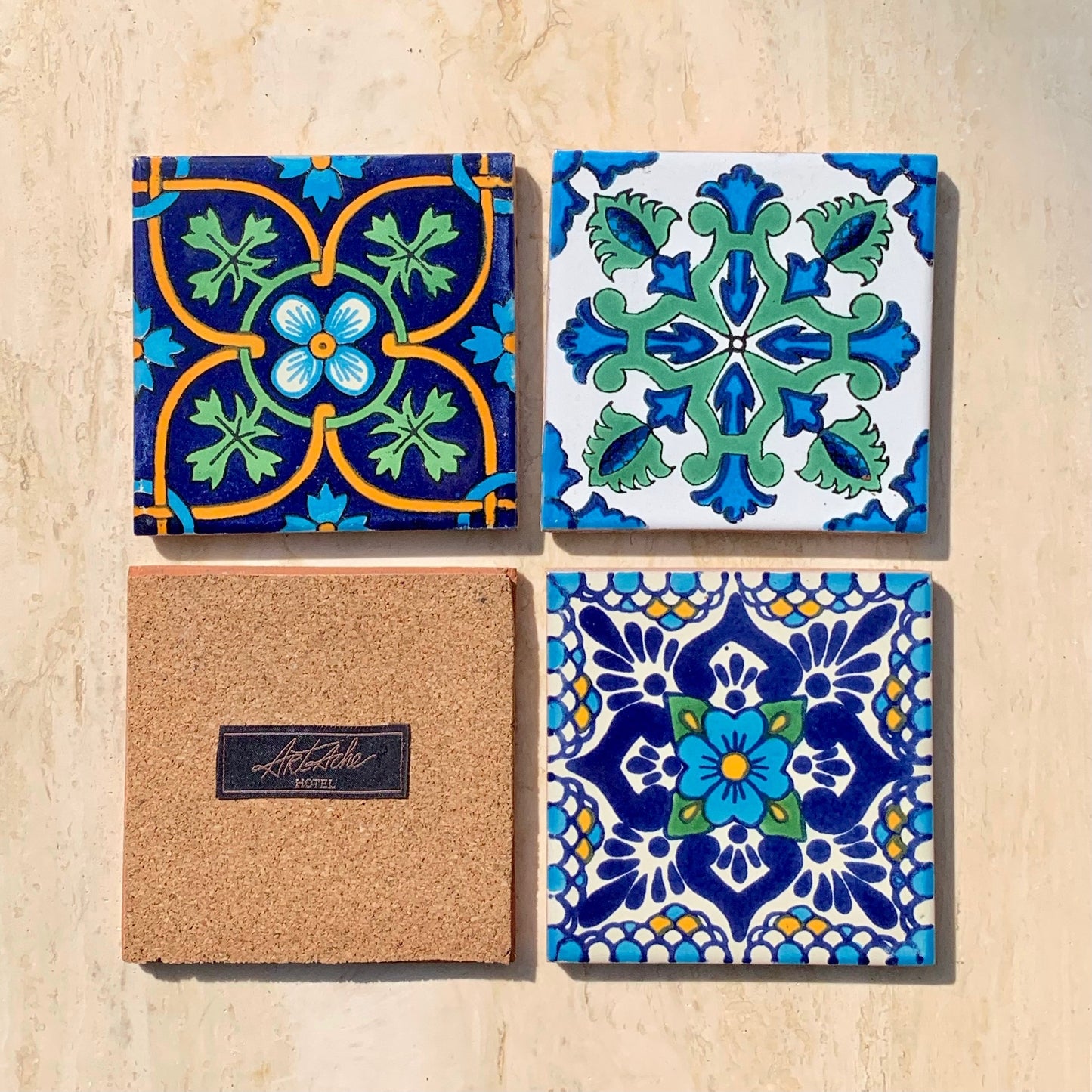 Unique Hand Painted Ceramic Coaster Set - Blue & Green