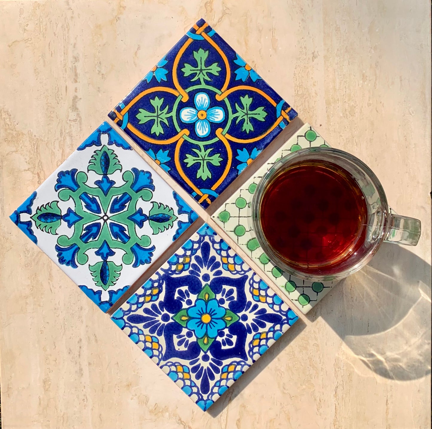 Unique Hand Painted Ceramic Coaster Set - Blue & Green