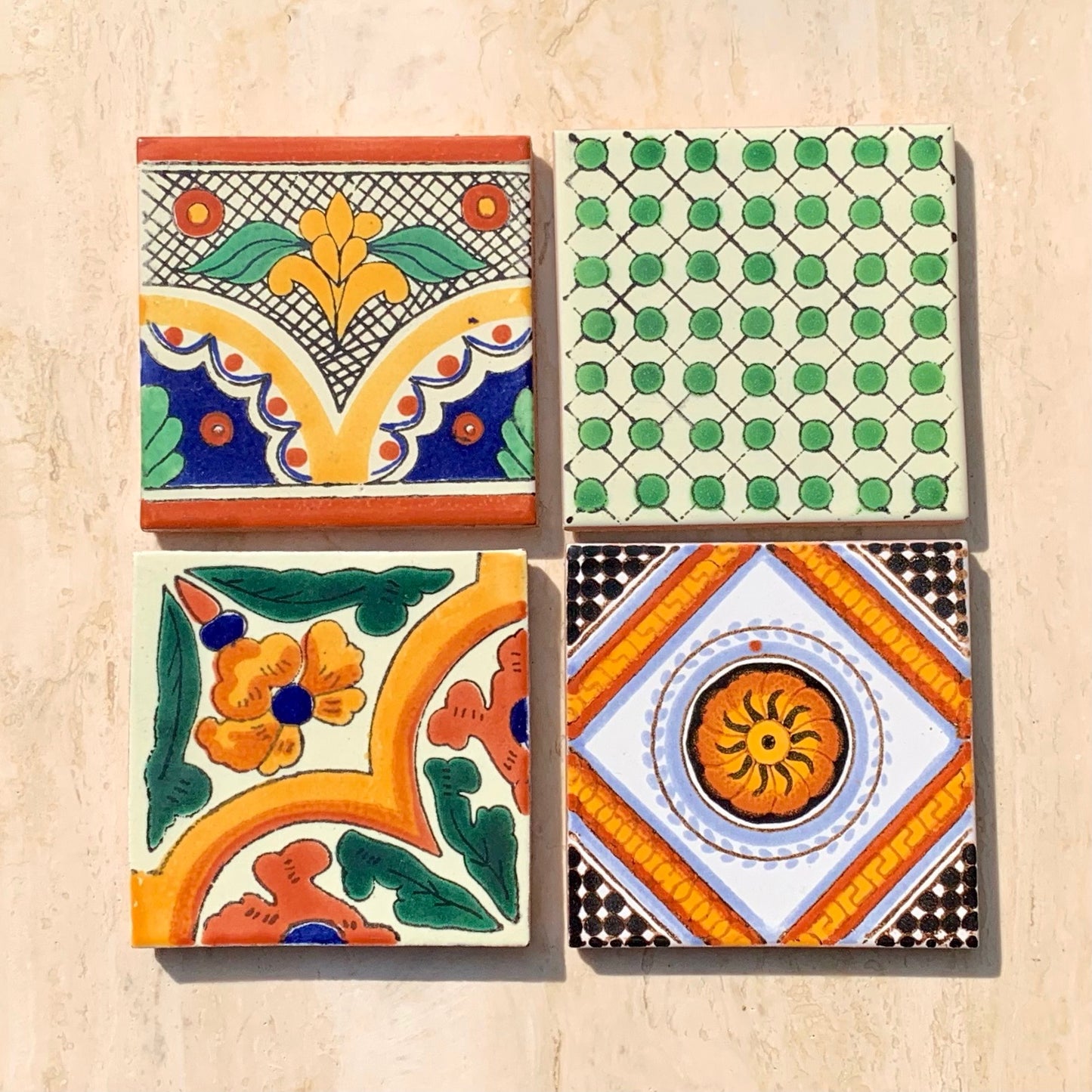 Unique Hand Painted Ceramic Coaster Set - Green, Orange, & Blue