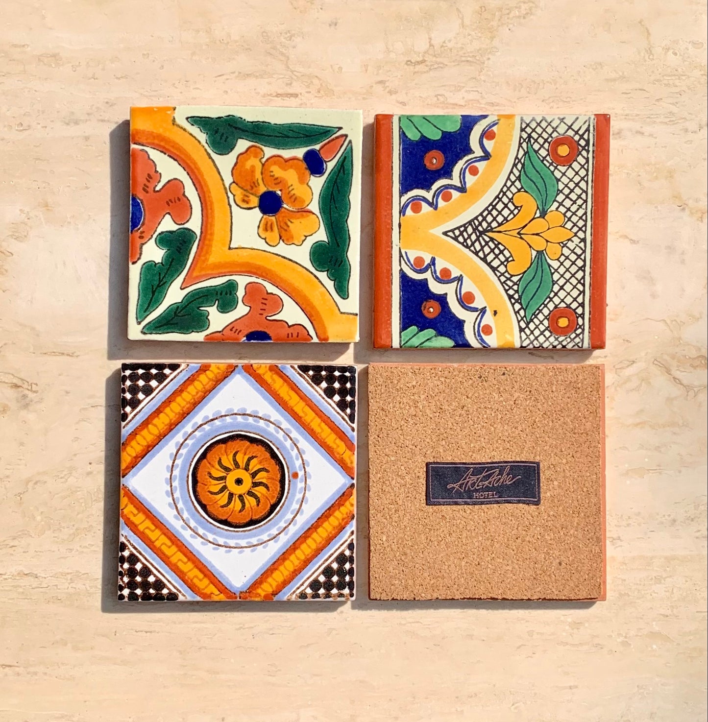 Unique Hand Painted Ceramic Coaster Set - Green, Orange, & Blue