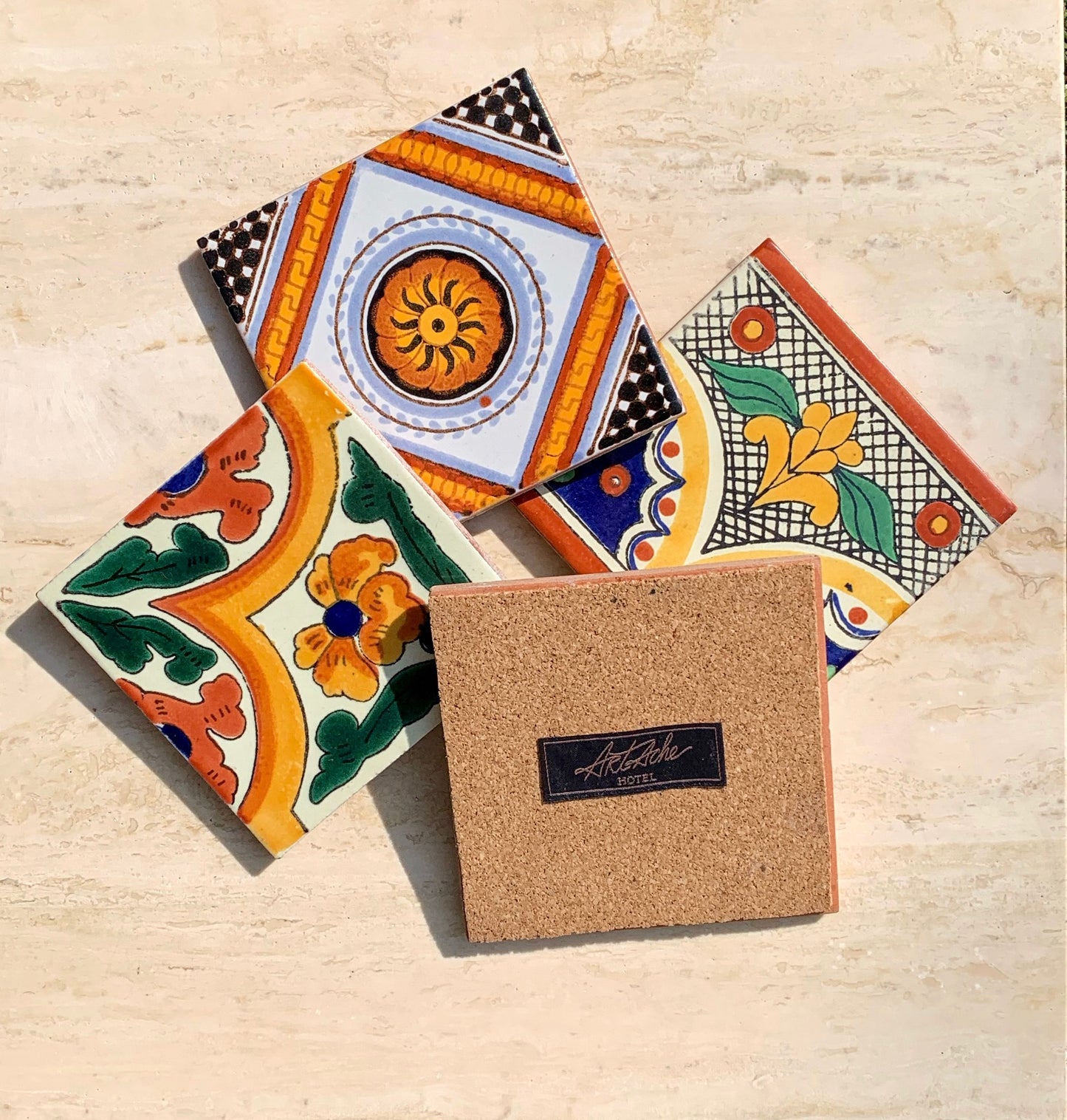 Unique Hand Painted Ceramic Coaster Set - Green, Orange, & Blue