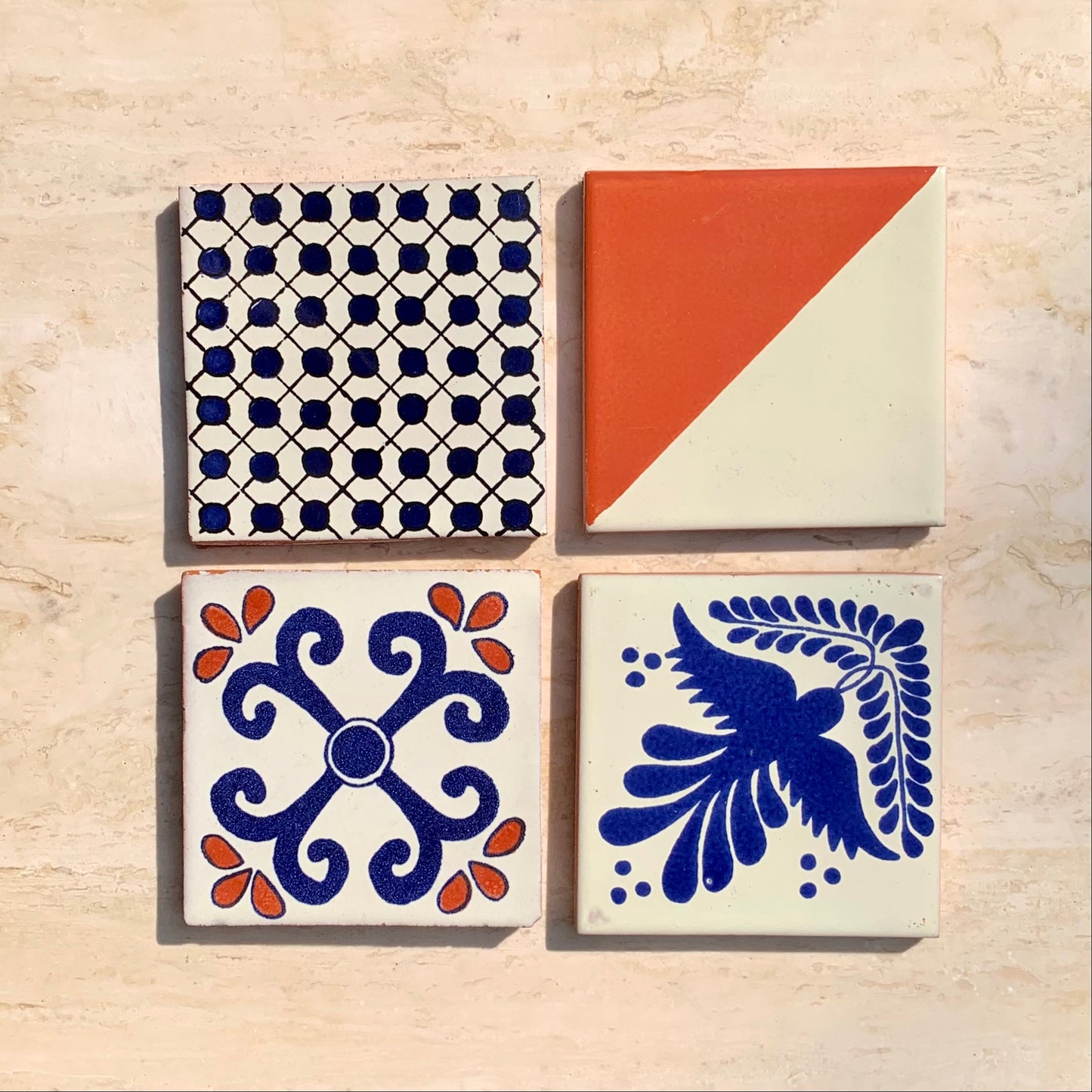 Unique Hand Painted Ceramic Coaster Set - Blue, White, & Orange