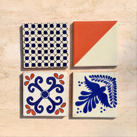 Unique Hand Painted Ceramic Coaster Set - Blue, White, & Orange