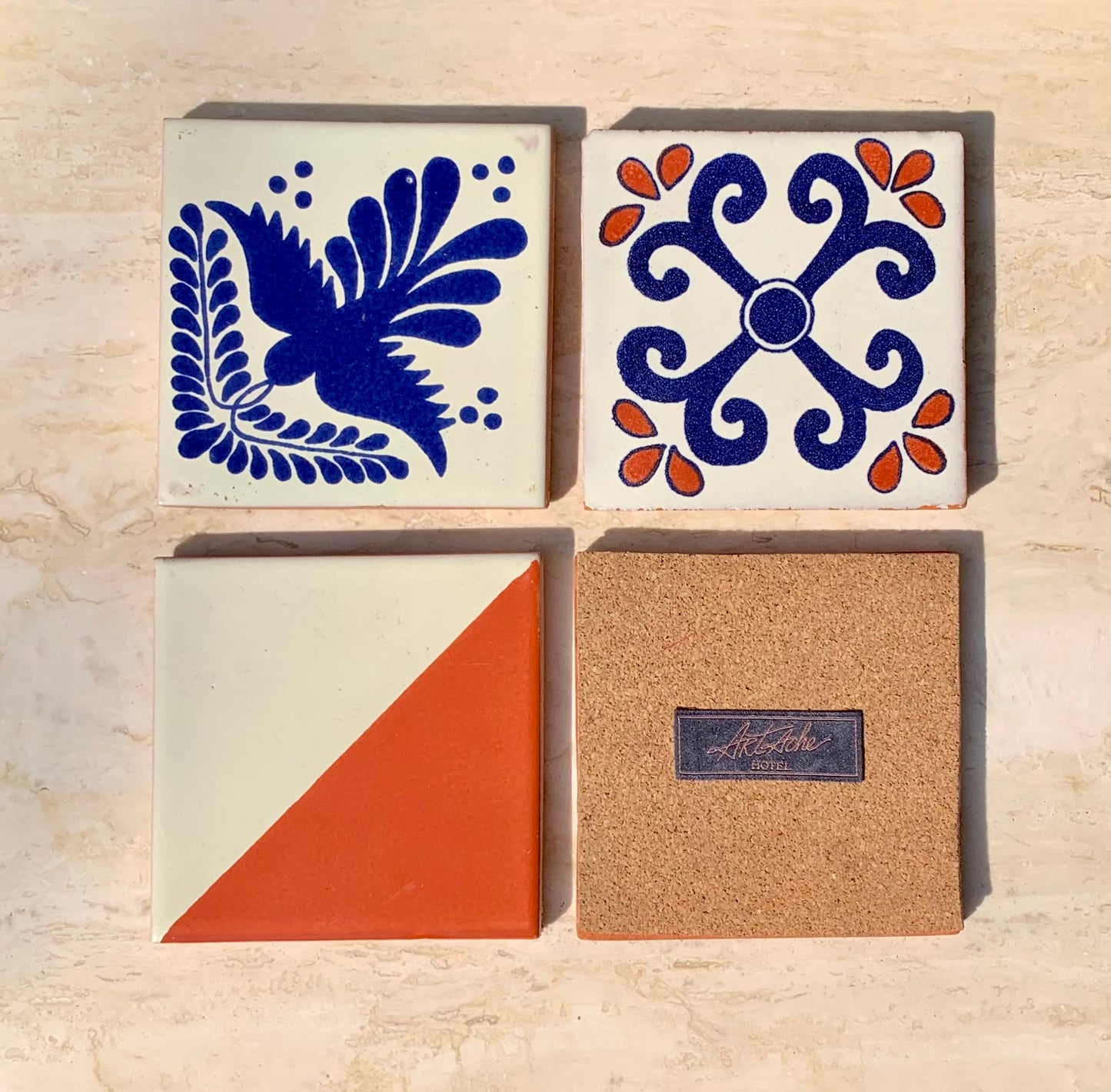 Unique Hand Painted Ceramic Coaster Set - Blue, White, & Orange