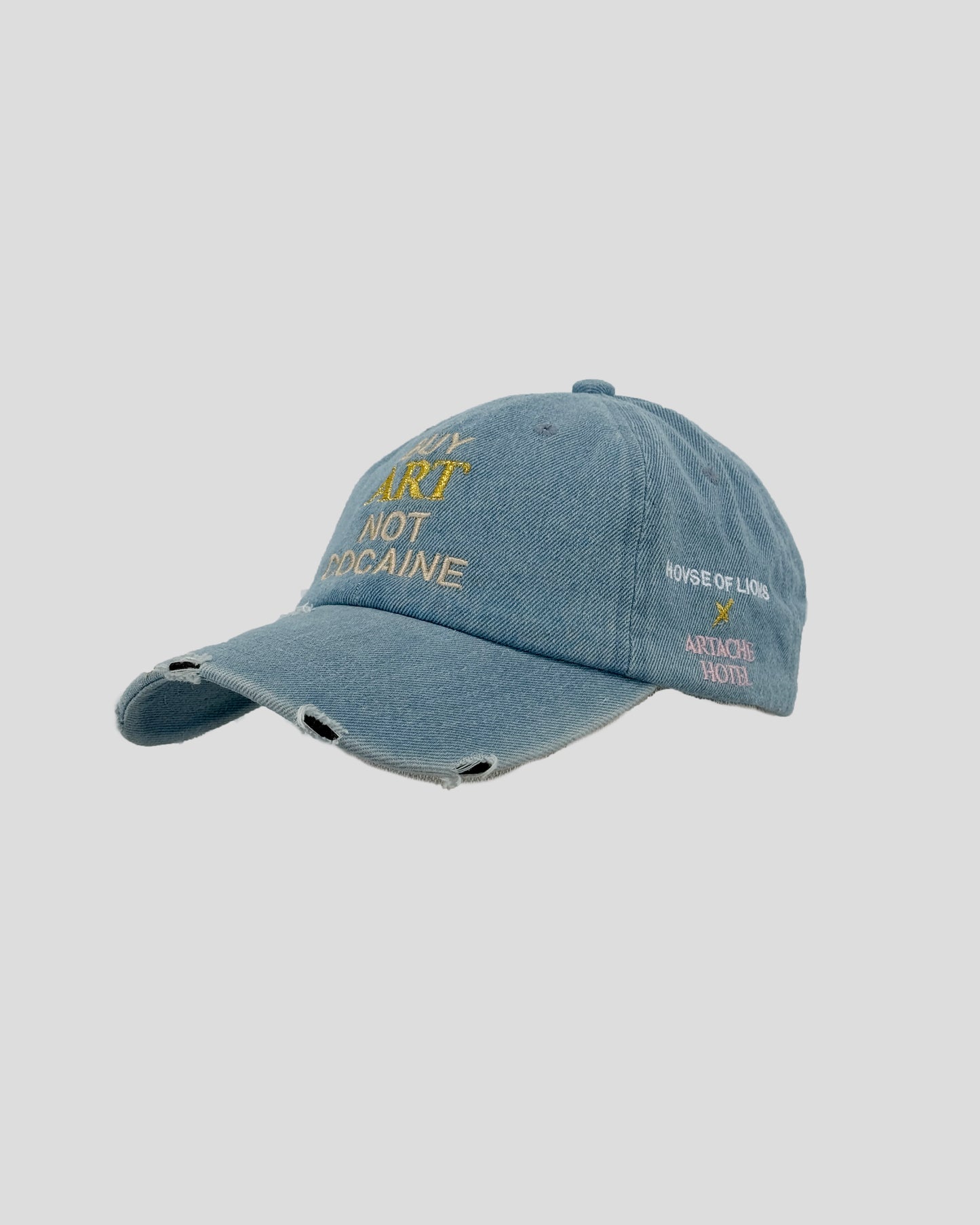 BUY ART NOT COCAINE Light Ripped Denim Hat