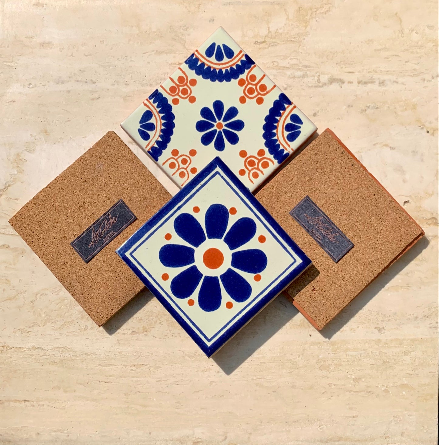 Unique Hand Painted Ceramic Coaster Set - Blue & Orange